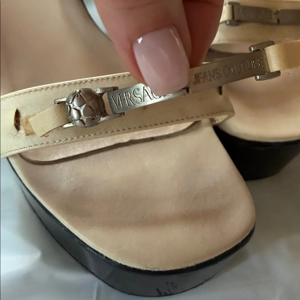 Vintage Gianni Versace Black & Cream Chunky Platform Wedge Sandals 90s Y2K
